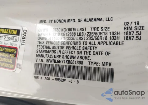 2019 Honda Odyssey Ex-L z USA, uszkodzony, nr VIN 5FNRL6H71KB081808
